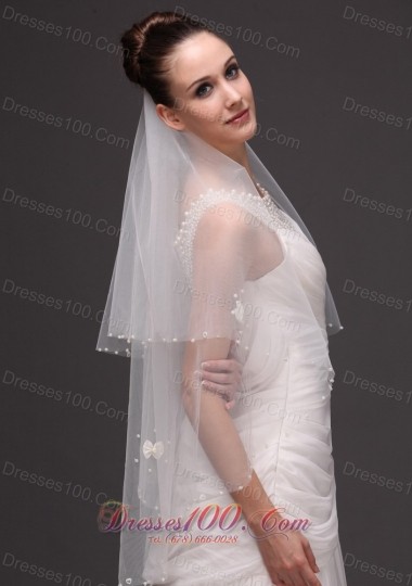 Two-tier Pearl Trim Edge Fingertip Bridal Veil