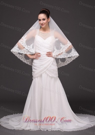 Two-tier Appliques Elbow Bridal Veil Tulle