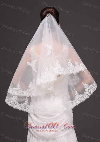 Two-tier Appliques Elbow Bridal Veil Tulle