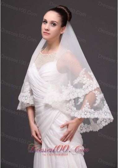 Two Layers Drop Bridal Veils Lace Applique Edge