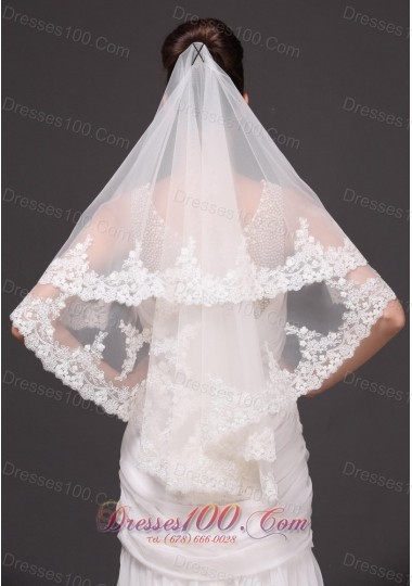 Two Layers Drop Bridal Veils Lace Applique Edge