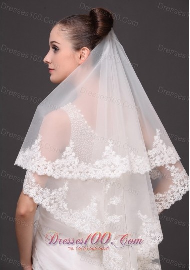 Two Layers Drop Bridal Veils Lace Applique Edge