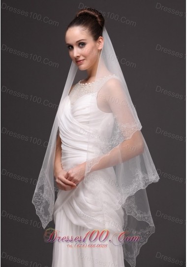 Lace Appliques Edge Oval Bridal Veils Two-tier