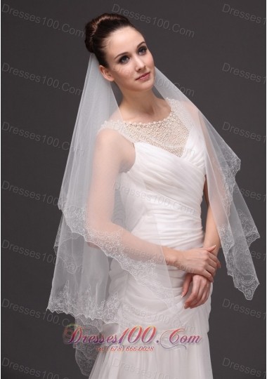 Lace Appliques Edge Oval Bridal Veils Two-tier