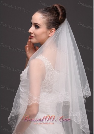 Lace Appliques Edge Oval Bridal Veils Two-tier