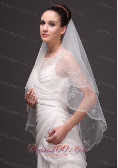 Embroidery Tulle Drop Bridal Veils For Wedding Two-tier