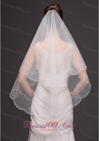 Embroidery Tulle Drop Bridal Veils For Wedding Two-tier
