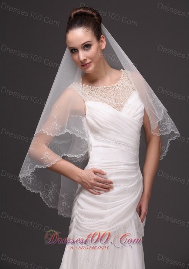 Embroidery Tulle Drop Bridal Veils For Wedding Two-tier