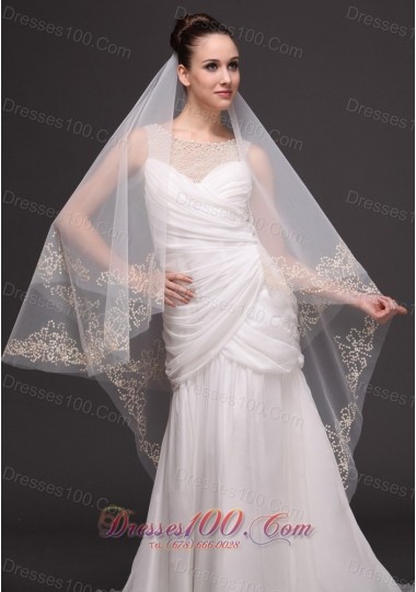 Two-tiers Oval Beading Trim Edge Veil For Wedding