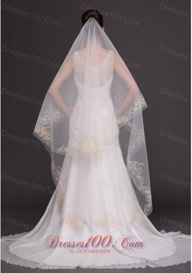 Two-tiers Oval Beading Trim Edge Veil For Wedding