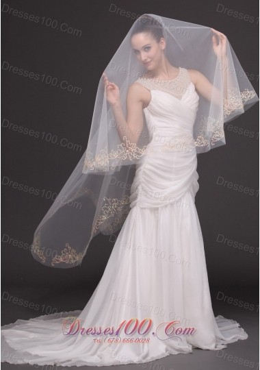 Two-tiers Oval Beading Trim Edge Veil For Wedding
