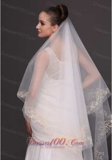 Two-tiers Oval Beading Trim Edge Veil For Wedding
