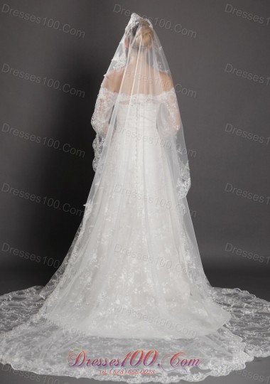 Lace Appliques Edge Waterfall Organza Wedding Veils