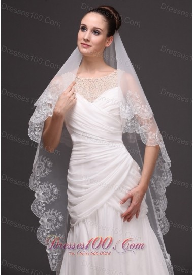 Lace Applique Edge Bridal Veils For Wedding Two-tier