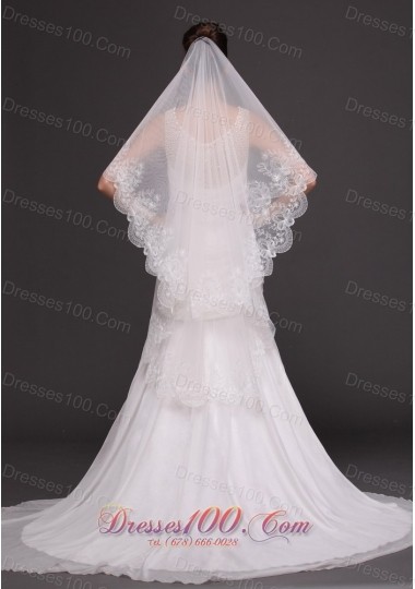 Lace Applique Edge Bridal Veils For Wedding Two-tier