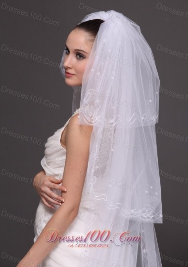 Pearl Trim Edge Wedding Bridal Veils Three tiered