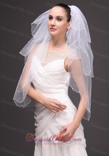 Three-tiered Tulle Pearls Wedding Veil White 2013