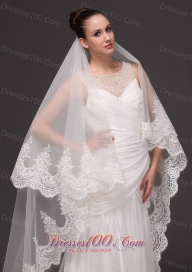 Lace Applique One-tiered Cathedral Tulle Wedding Veil
