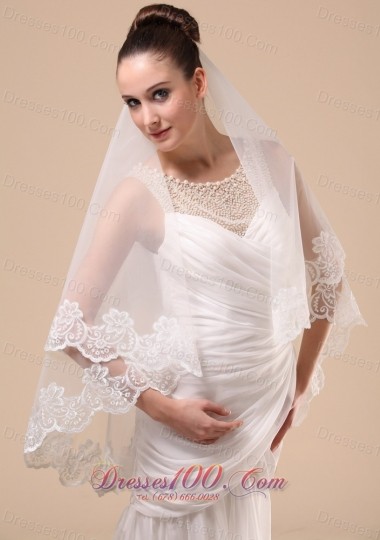 Lace Applique Tulle Wedding Veil Dropped
