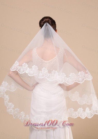 Lace Applique Tulle Wedding Veil Dropped