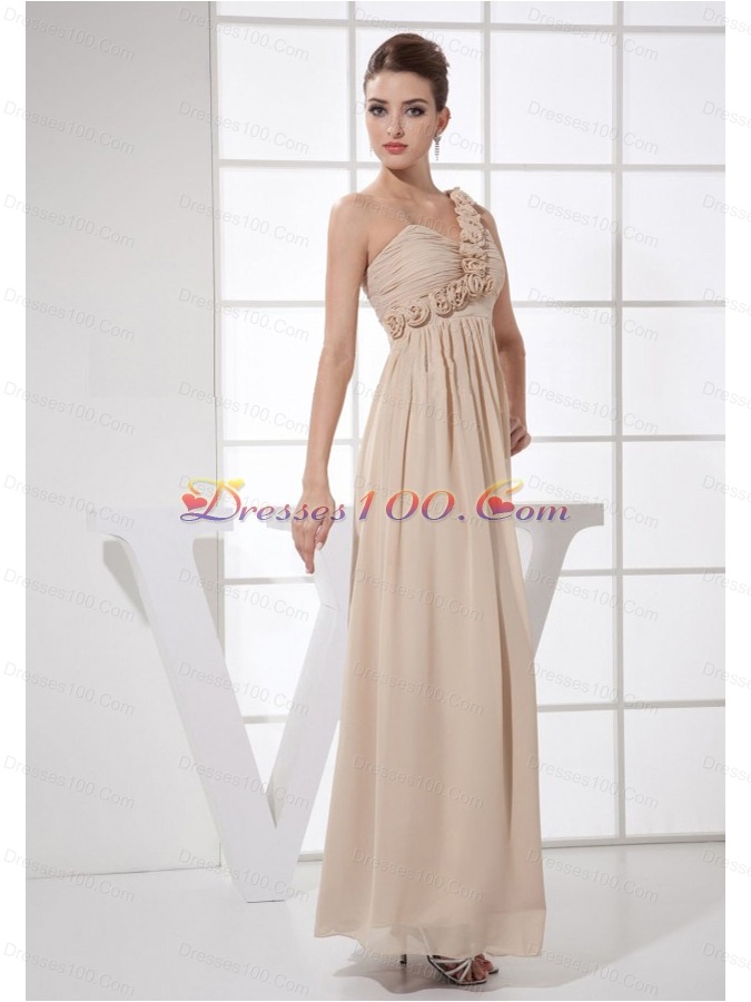 Handmade Flower Champagne One Shoulder Ankle-length Prom Dress
