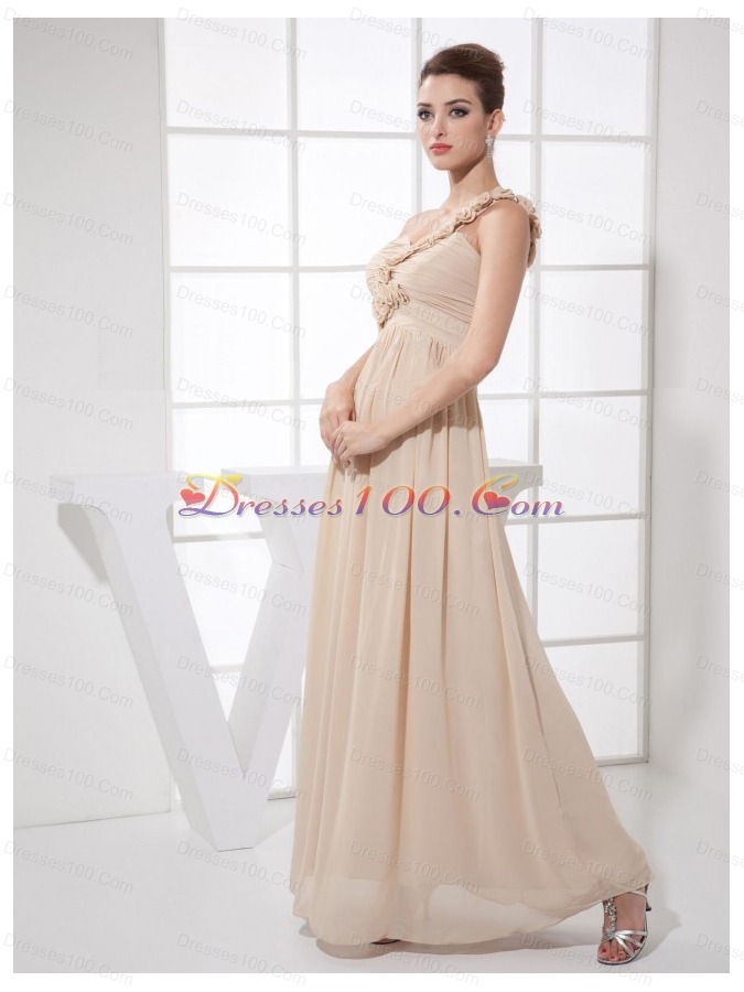 Handmade Flower Champagne One Shoulder Ankle-length Prom Dress
