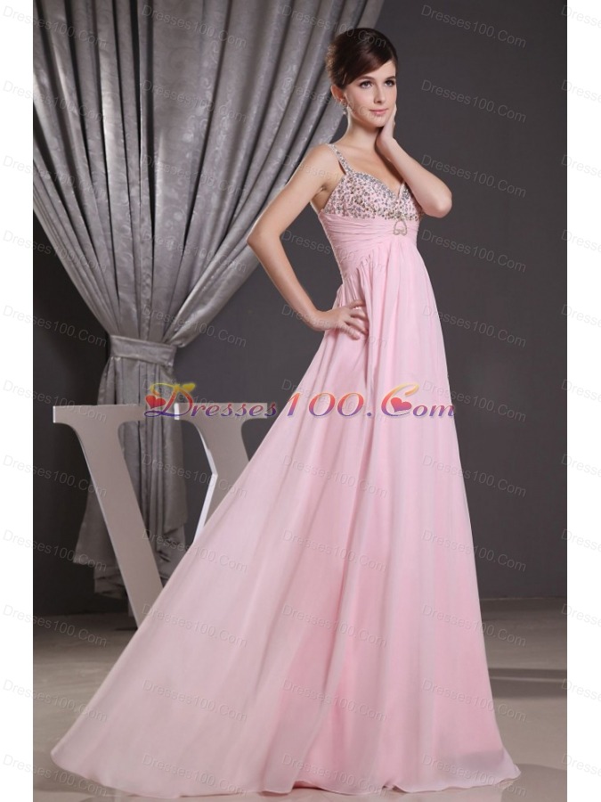 Baby Pink Straps Prom Dress with Beading Floor-length