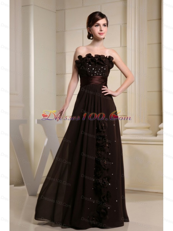 Strapless Brown Prom Dress With Hand Made Flowers