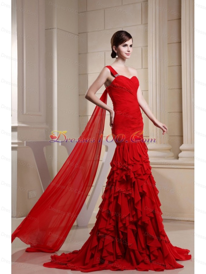 Red One Shoulder Ruched Prom Evening Dress with Ruffles
