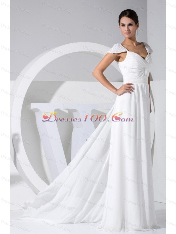 Cap Sleeves Beading V-neck Watteau Dress Wedding