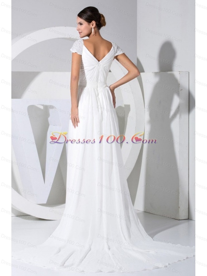 Cap Sleeves Beading V-neck Watteau Dress Wedding