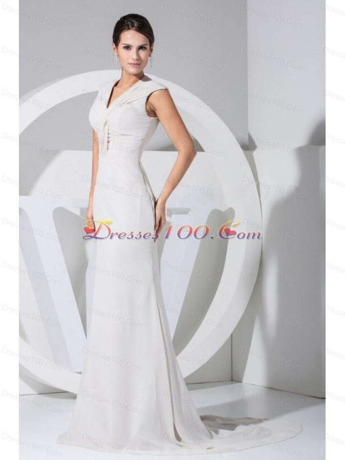 White Brush Train V-neck Ruched Mother Bride Dresses