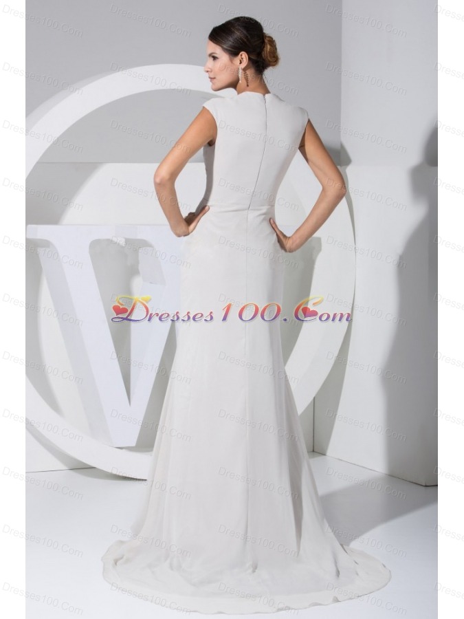 White Brush Train V-neck Ruched Mother Bride Dresses