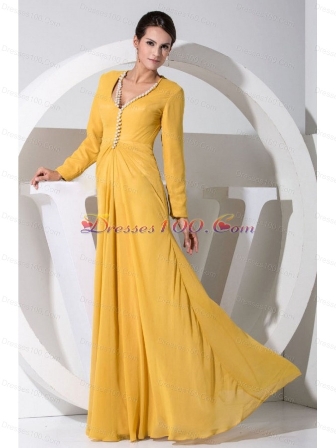 Beading Bodice Gold Long Sleeves Mother Bride Dress