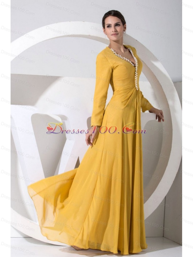 Beading Bodice Gold Long Sleeves Mother Bride Dress