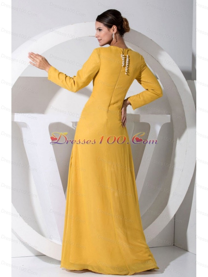 Beading Bodice Gold Long Sleeves Mother Bride Dress