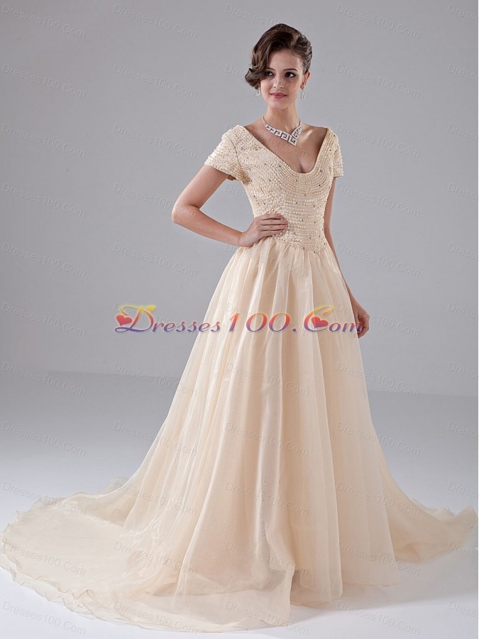 Off Shoulder A-Line Court Train Church Wedding Dress