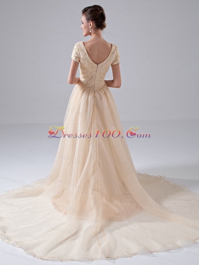 Off Shoulder A-Line Court Train Church Wedding Dress