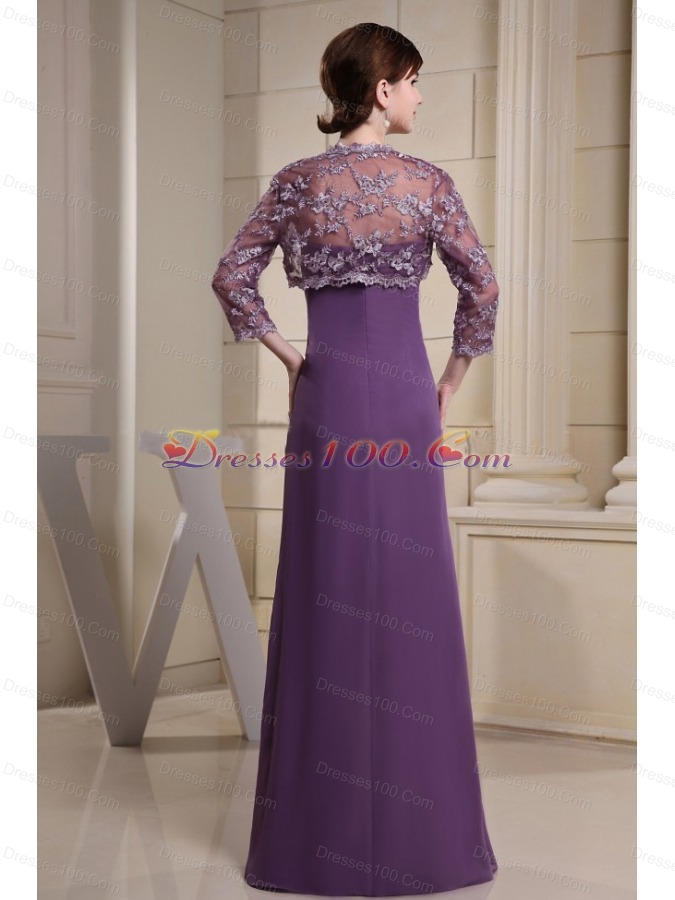 Lace Jacket Mother Bride Dress Ruch Purple Long