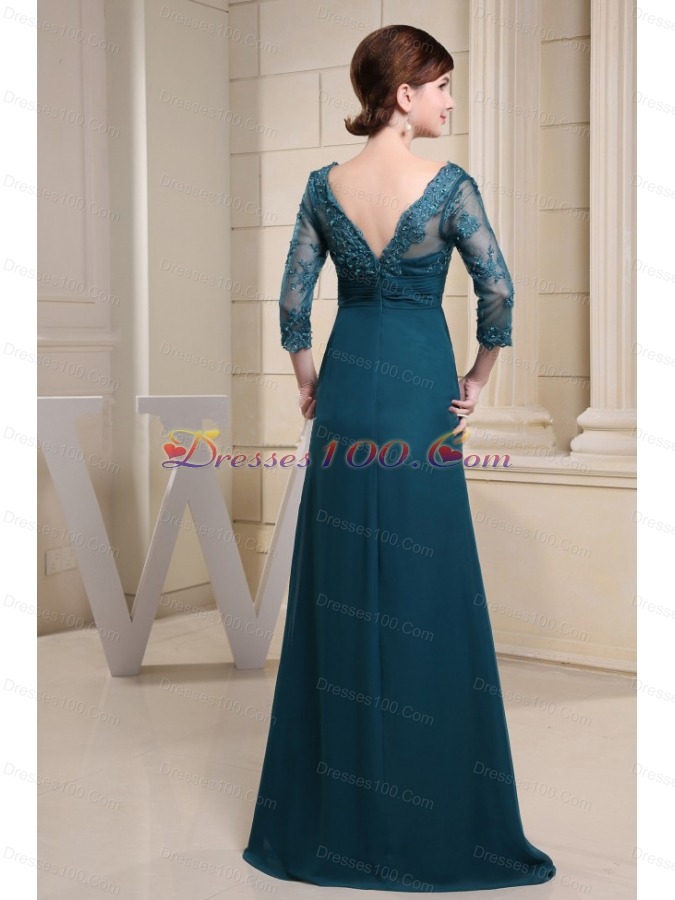 Lace 3/4 Sleeves V-neck Mother Bride Dress Teal