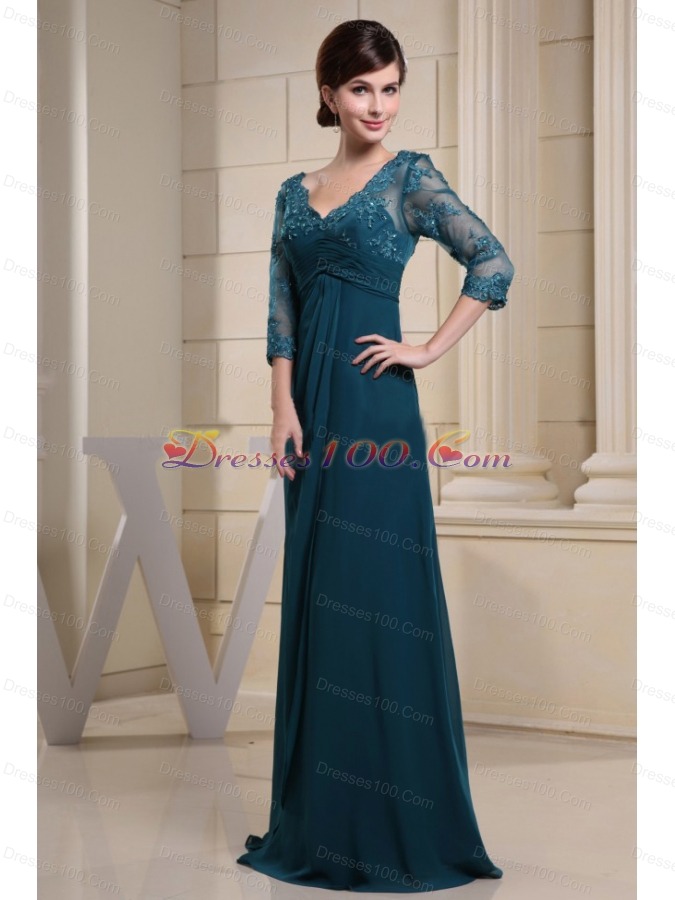 Lace 3/4 Sleeves V-neck Mother Bride Dress Teal