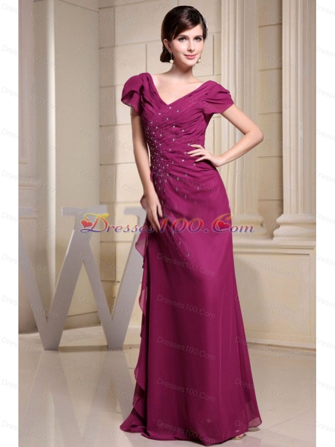 V-neck Short Sleeves Mother Bride Dress Beading