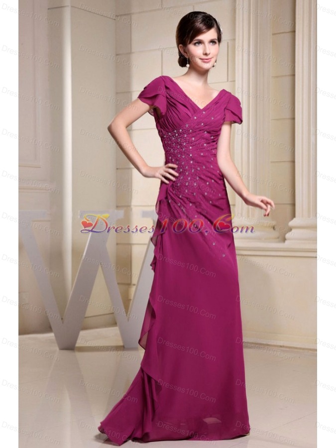 V-neck Short Sleeves Mother Bride Dress Beading