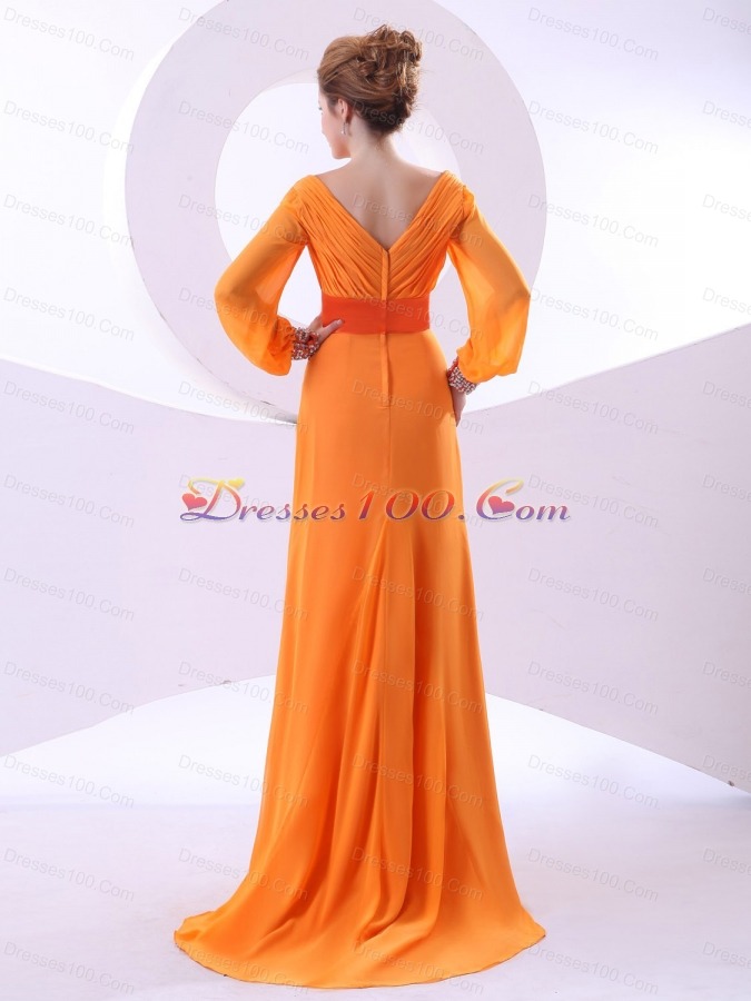 Beading Ruching Long Sleeves Brush Mother Bride Dress