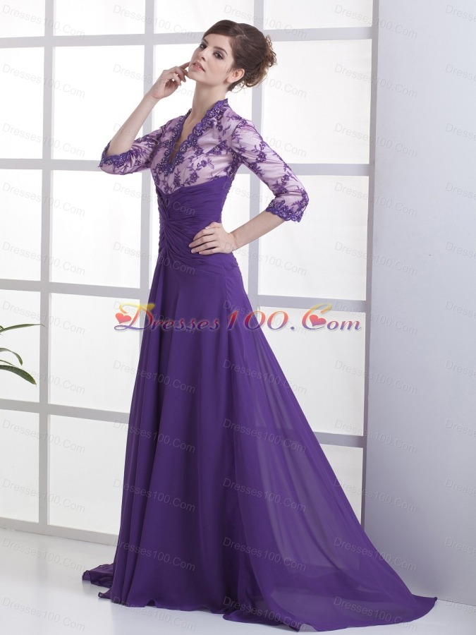 Lace V-neck 3/ 4 Sleeves Brush Mother Bride Dress