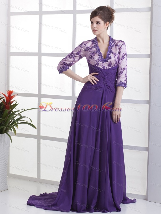 Lace V-neck 3/ 4 Sleeves Brush Mother Bride Dress