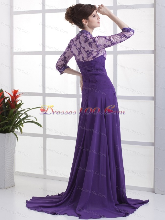 Lace V-neck 3/ 4 Sleeves Brush Mother Bride Dress
