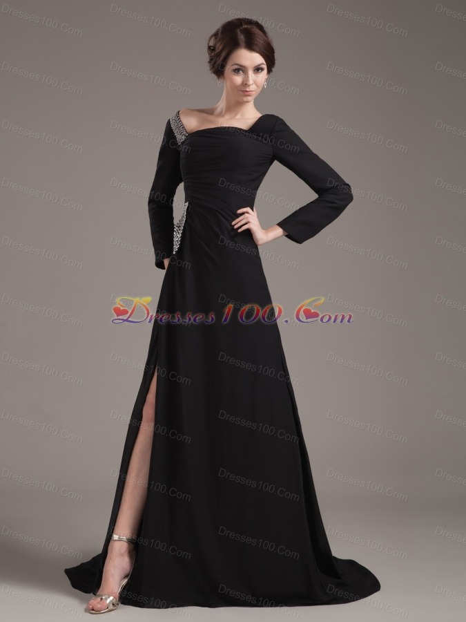 Slit Off Shoulder Brush Long Sleeves Mother Bride Dress