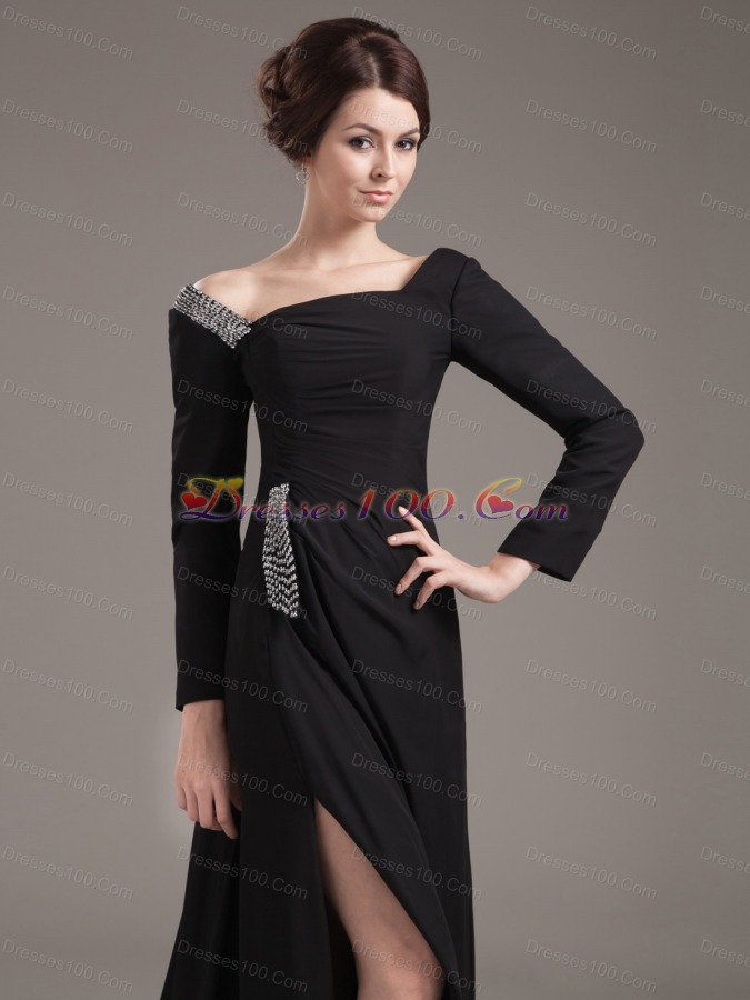 Slit Off Shoulder Brush Long Sleeves Mother Bride Dress