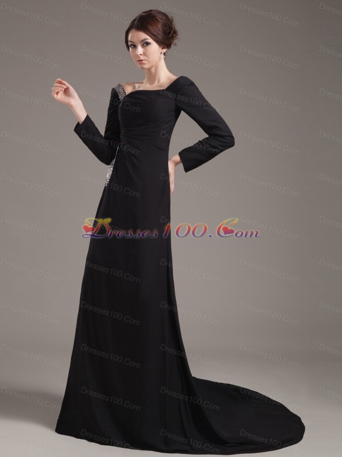 Slit Off Shoulder Brush Long Sleeves Mother Bride Dress